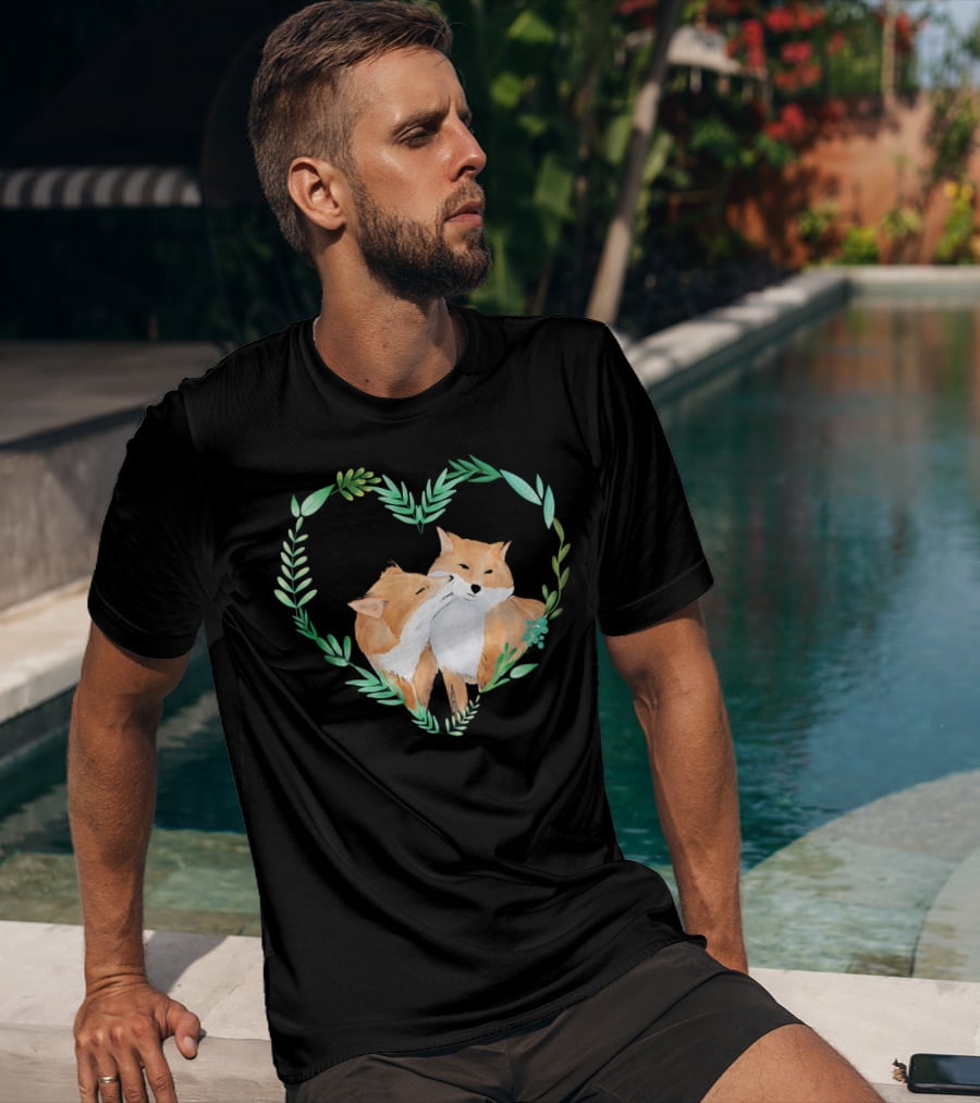 Cute Love Foxes Valentines Day Heart Greenery T-Shirt