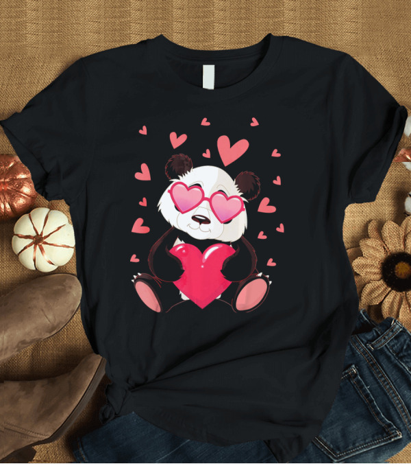 T-Shirt: Cute Panda with Heart Glasses Valentines Day T-Shirt Cute Panda with Heart Glasses Valentines Day T-Shirt