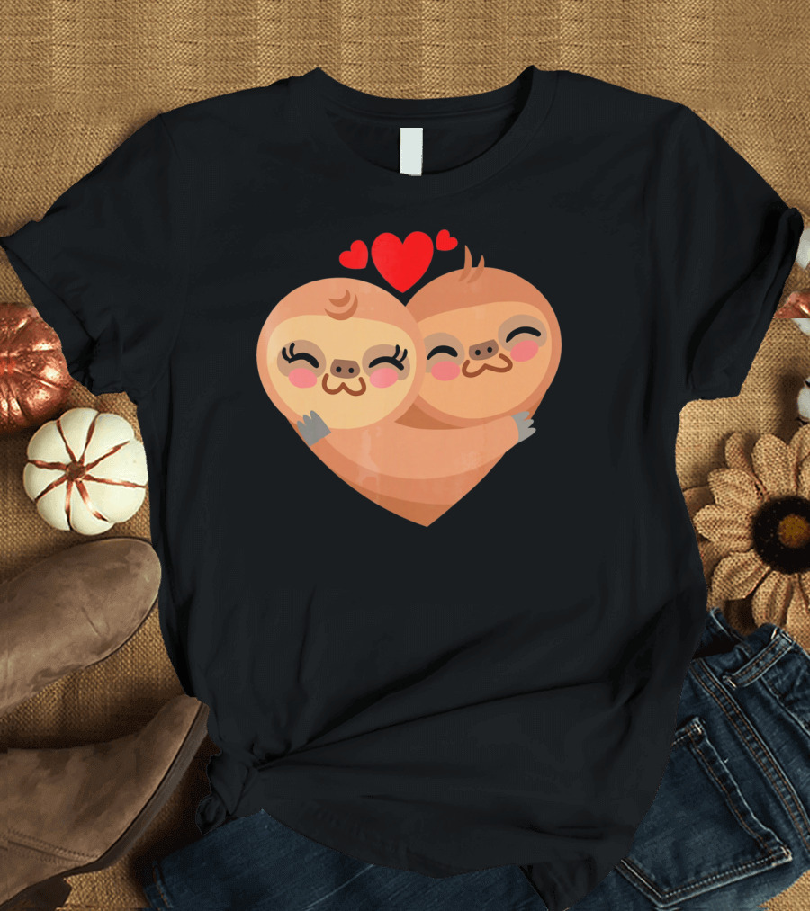 Cute Sloth Love Heart Valentines Pair with Red Hearts T-Shirt
