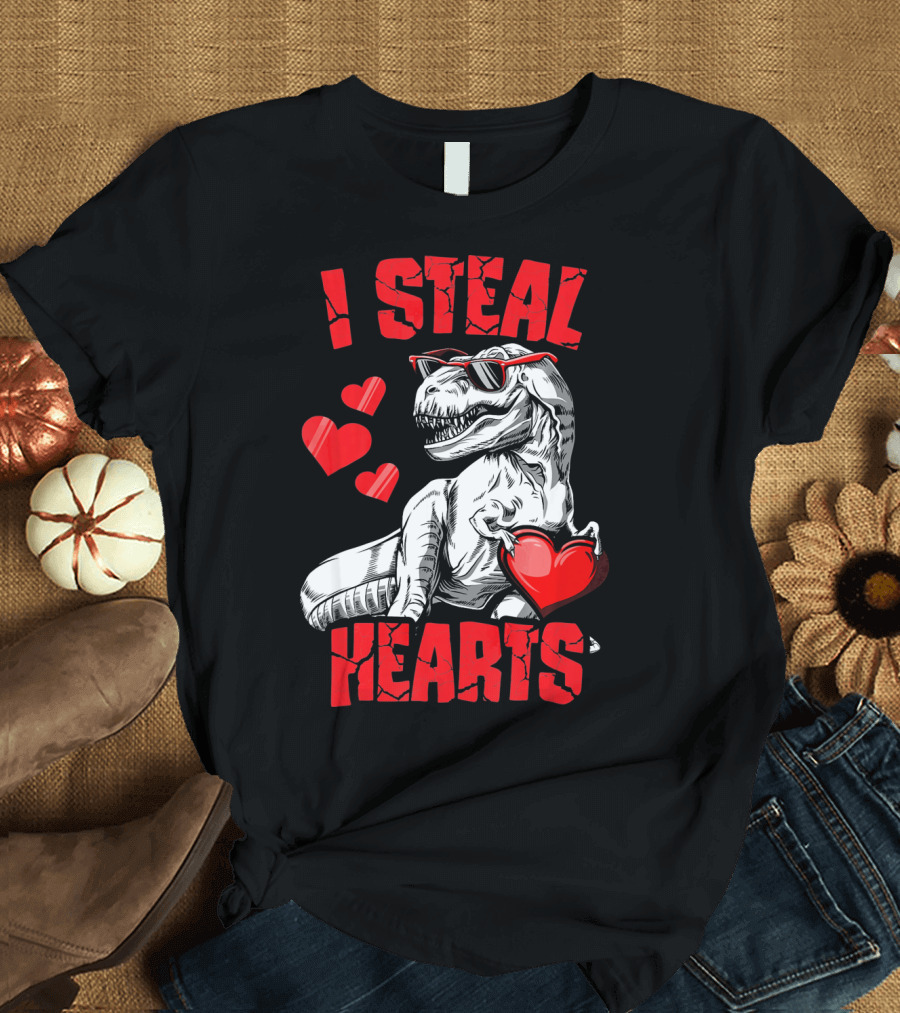 I Steal Hearts Boys Valentines Day Kids Dinosaur T-Shirt