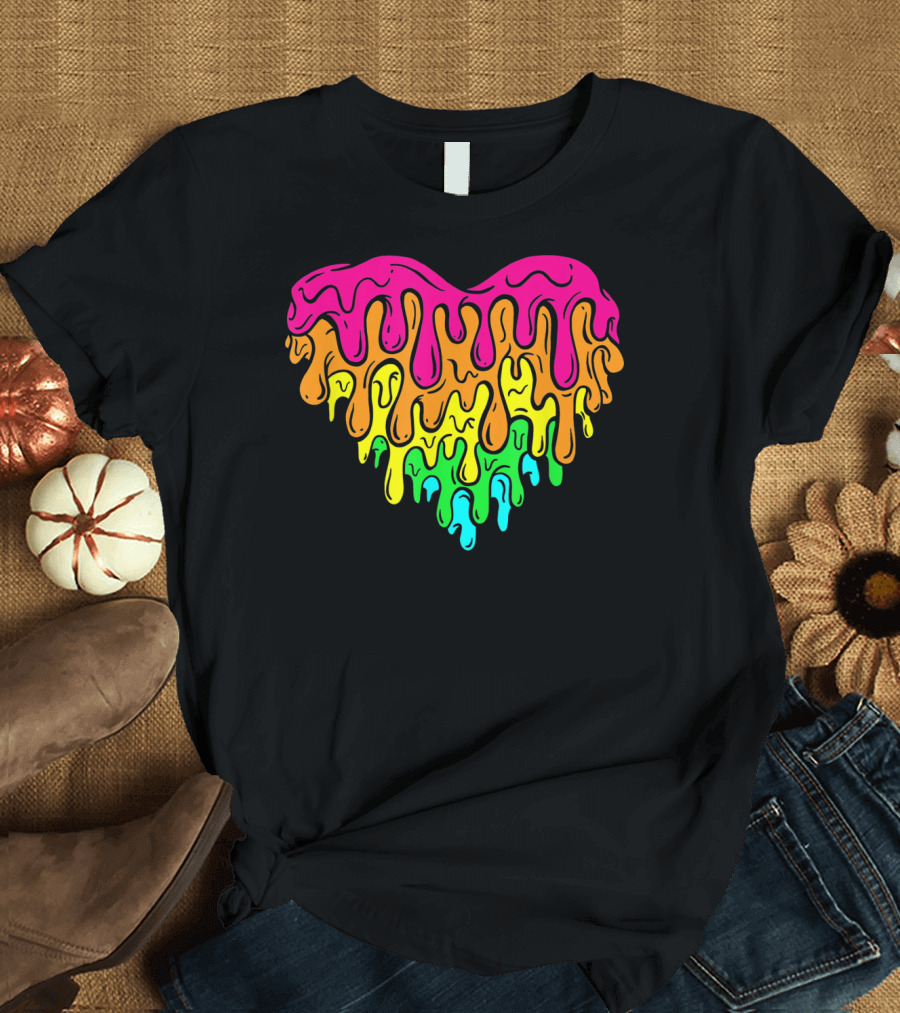 Cool Retro 80s Neon Dripping Rainbow Valentines Day Heart T-Shirt