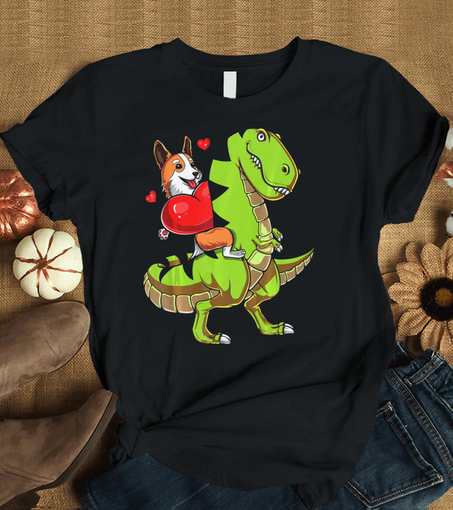 Corgi Dog Riding T-Rex Dinosaur with Hearts Valentin T-Shirt