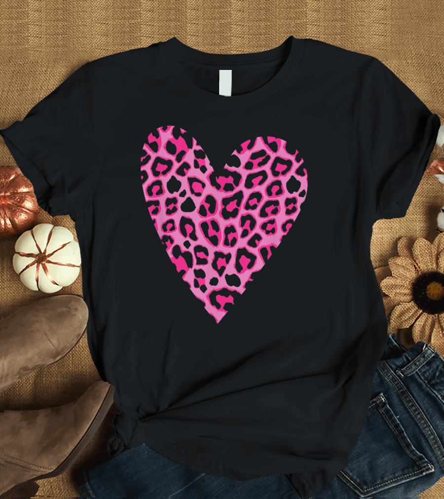 Cute Heart Valentines Pink Leopard T-Shirt