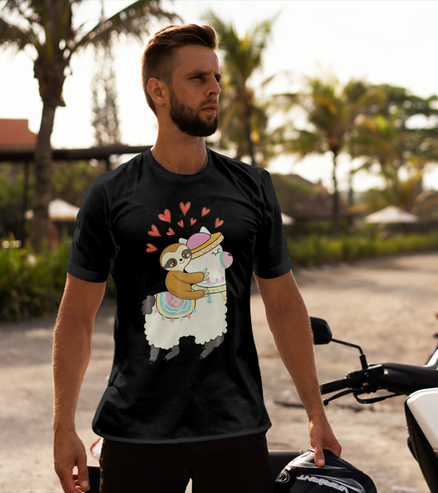 Cute Sloth Riding Llama Heart Va Love Llama Adventure T-Shirt