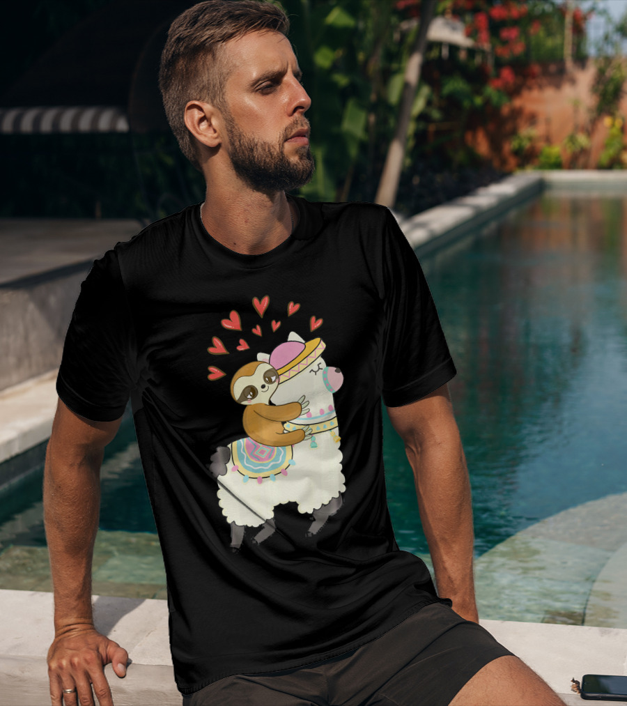 Cute Sloth Riding Llama Heart Va Love Llama Adventure T-Shirt