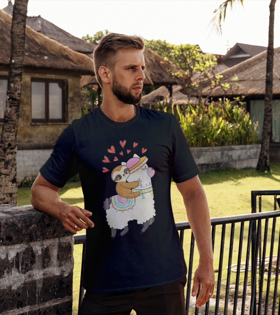 Cute Sloth Riding Llama Heart Va Love Llama Adventure T-Shirt
