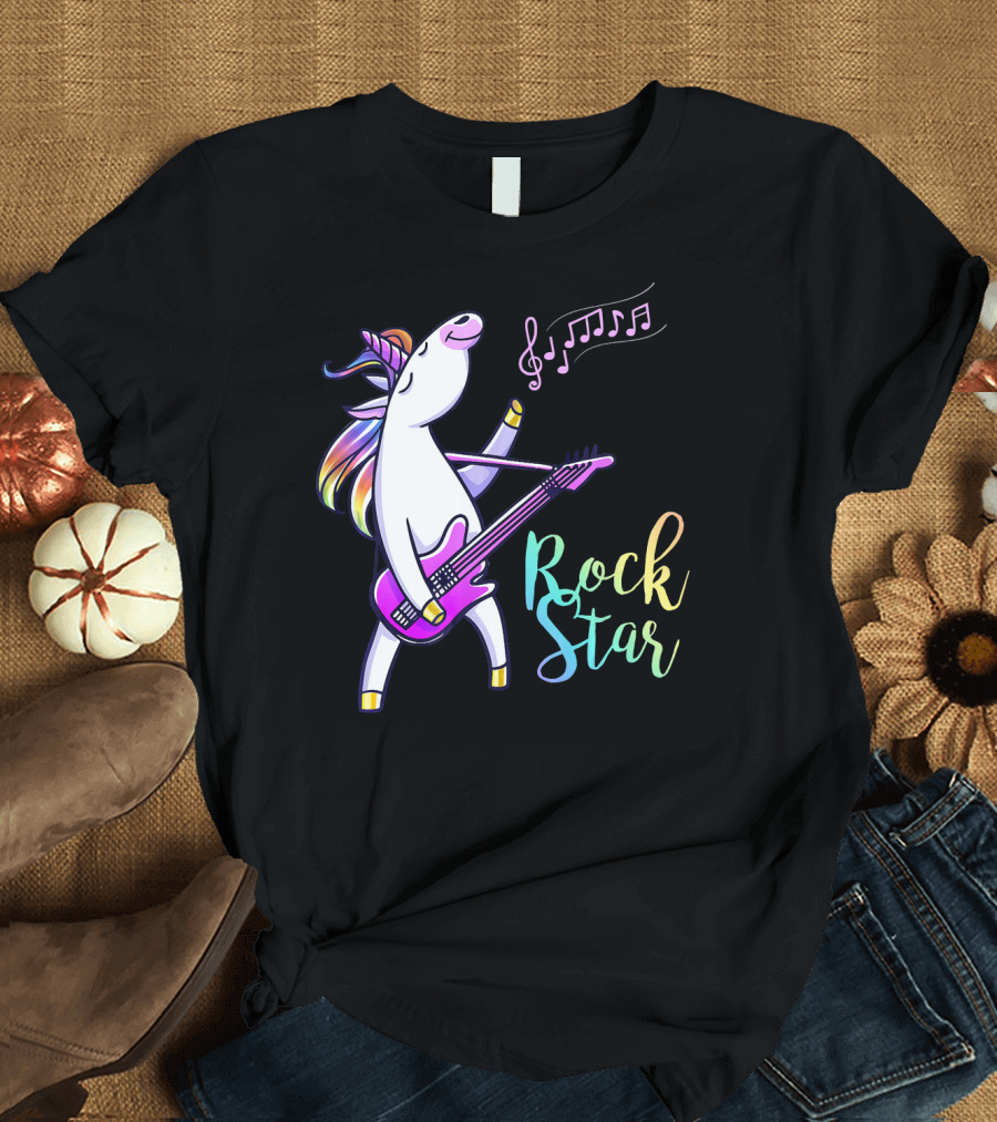 Unicorn Rock Star with Guitar and Musical Notes T-Shirt