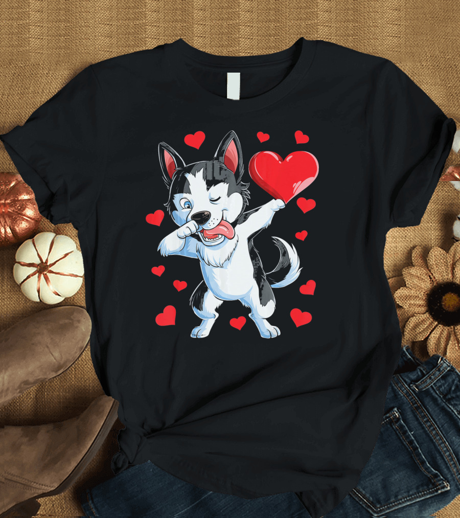 Siberian Husky Dabbing Valentine Heart Fun T-Shirt