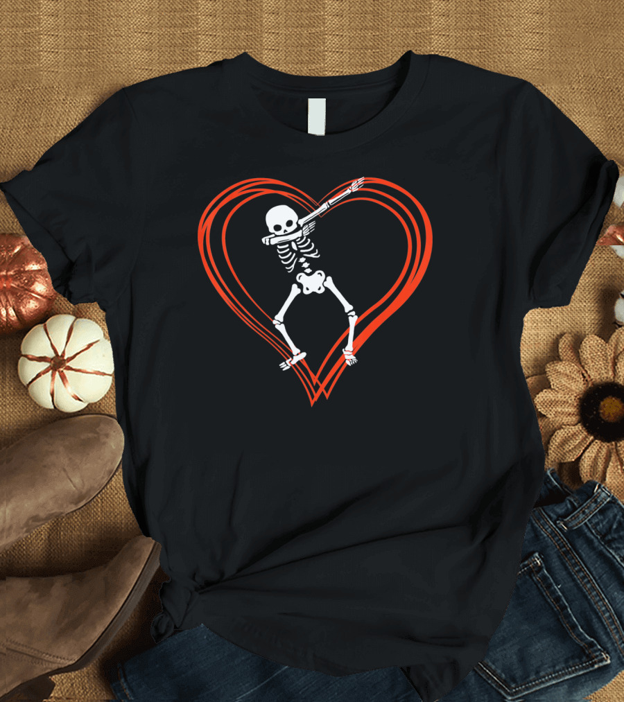 Dabbing Skeleton Dab Skull Heart Valentine Day T-Shirt