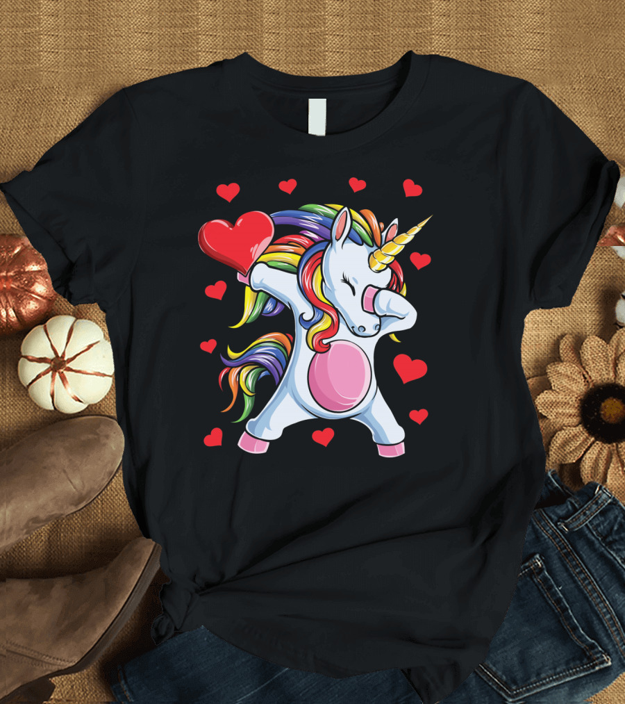 Rainbow Dabbing Unicorn with Hearts Valentine's T-Shirt