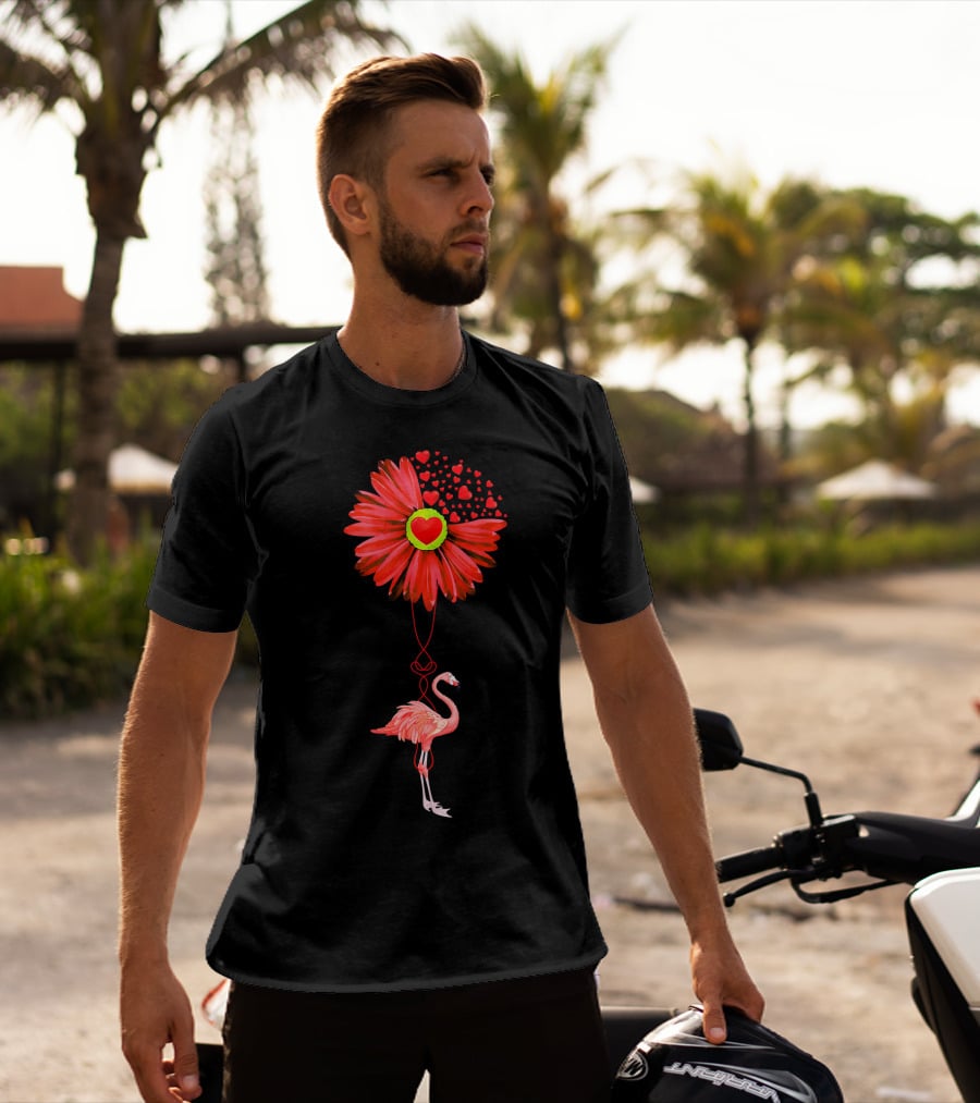 Flamingo With Red Heart Sunflower And Balloon Of Love T-Shirt