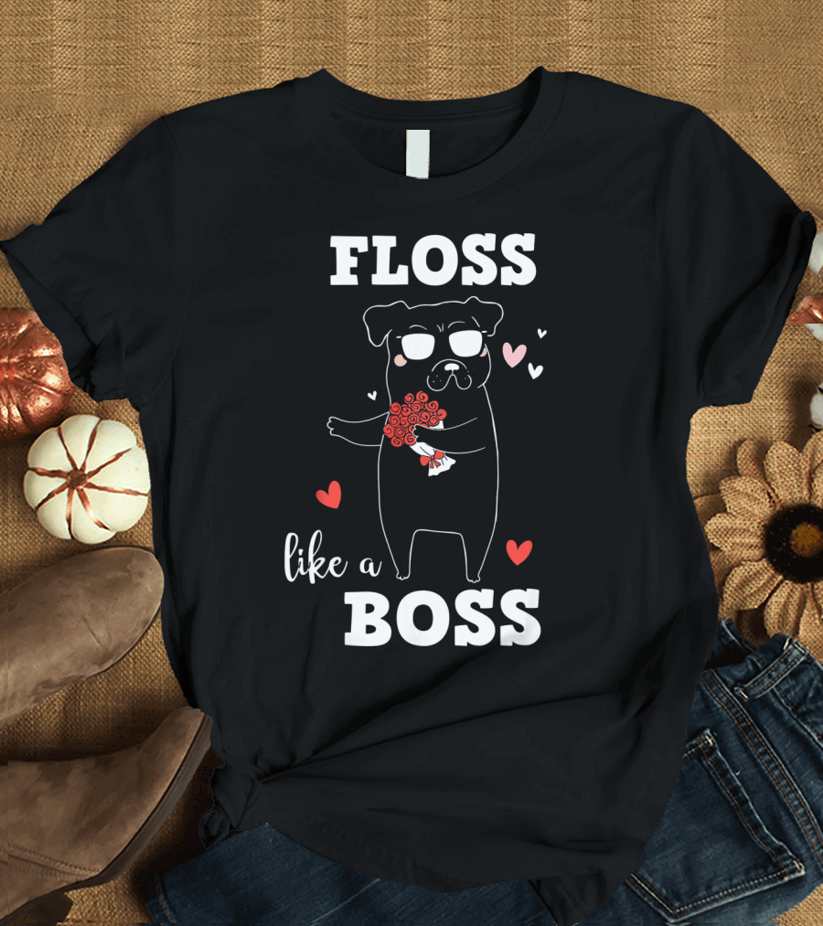 Floss Like A Boss Valentines Day Dog Holding Flowers With Hearts T-Shirt