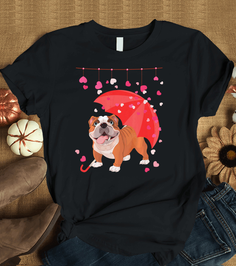 French Bulldog Raining Hearts Under Red Umbrella Valentines T-Shirt