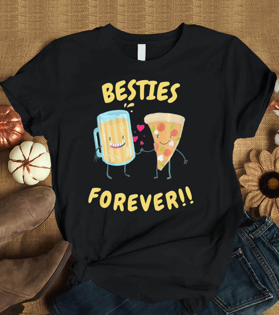 Besties Forever Beer and Pizza Lover Characters T-Shirt