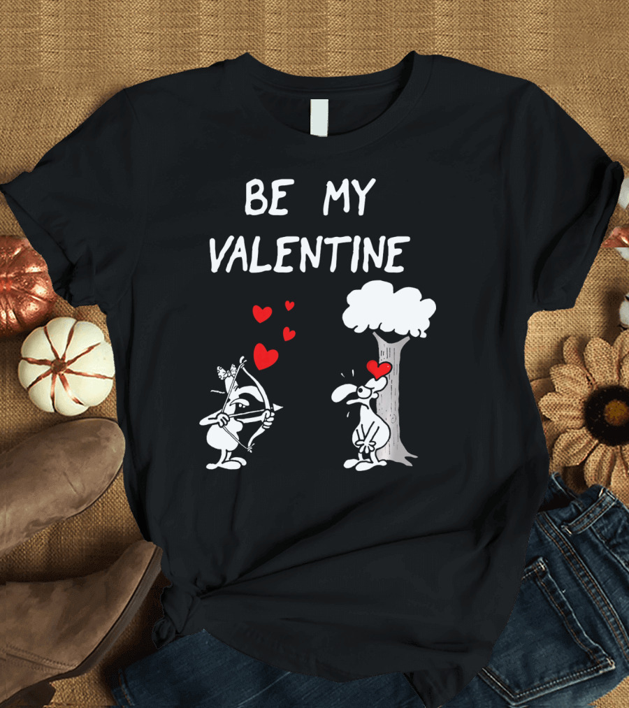 BE MY VALENTINE Funny Valentines Day Cupid Cartoon Hearts Tree T-Shirt
