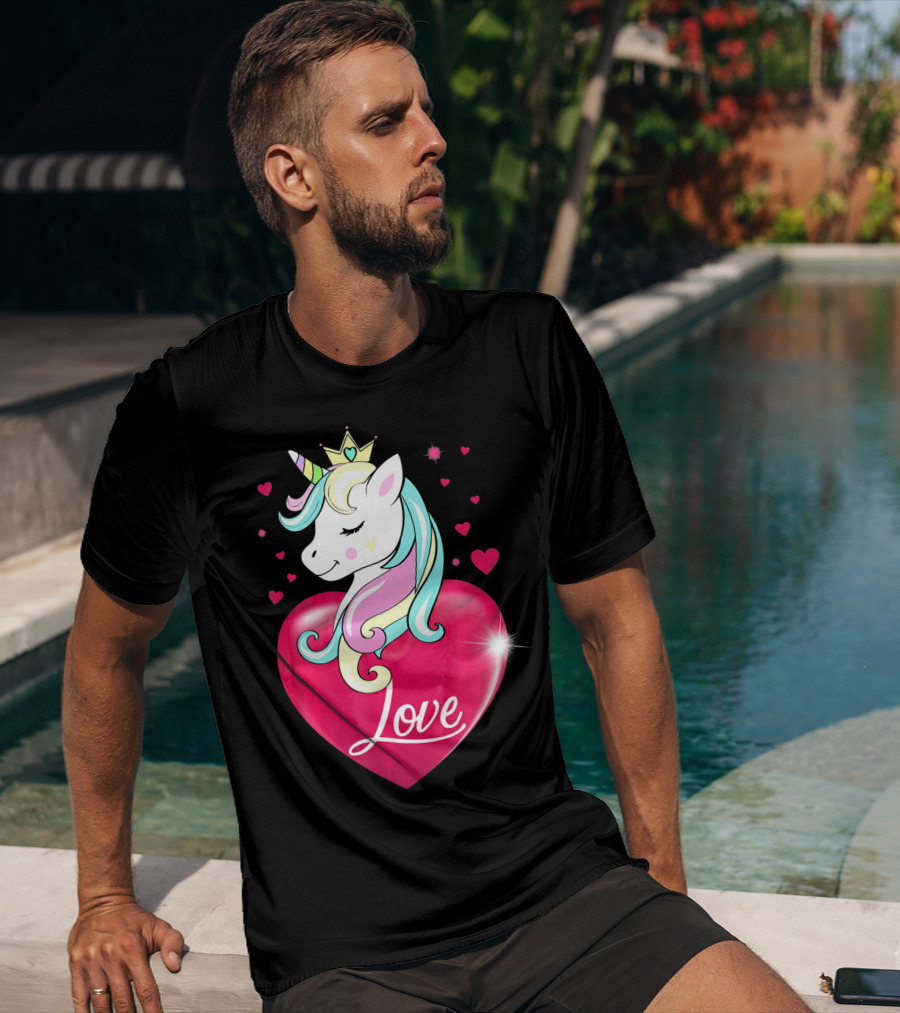 Love Heart Unicorn With Crown And Hearts Valentine's Day T-Shirt