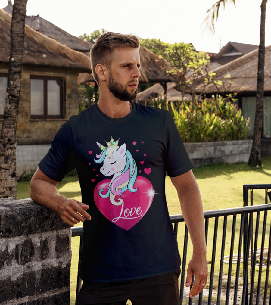 Love Heart Unicorn With Crown And Hearts Valentine's Day T-Shirt
