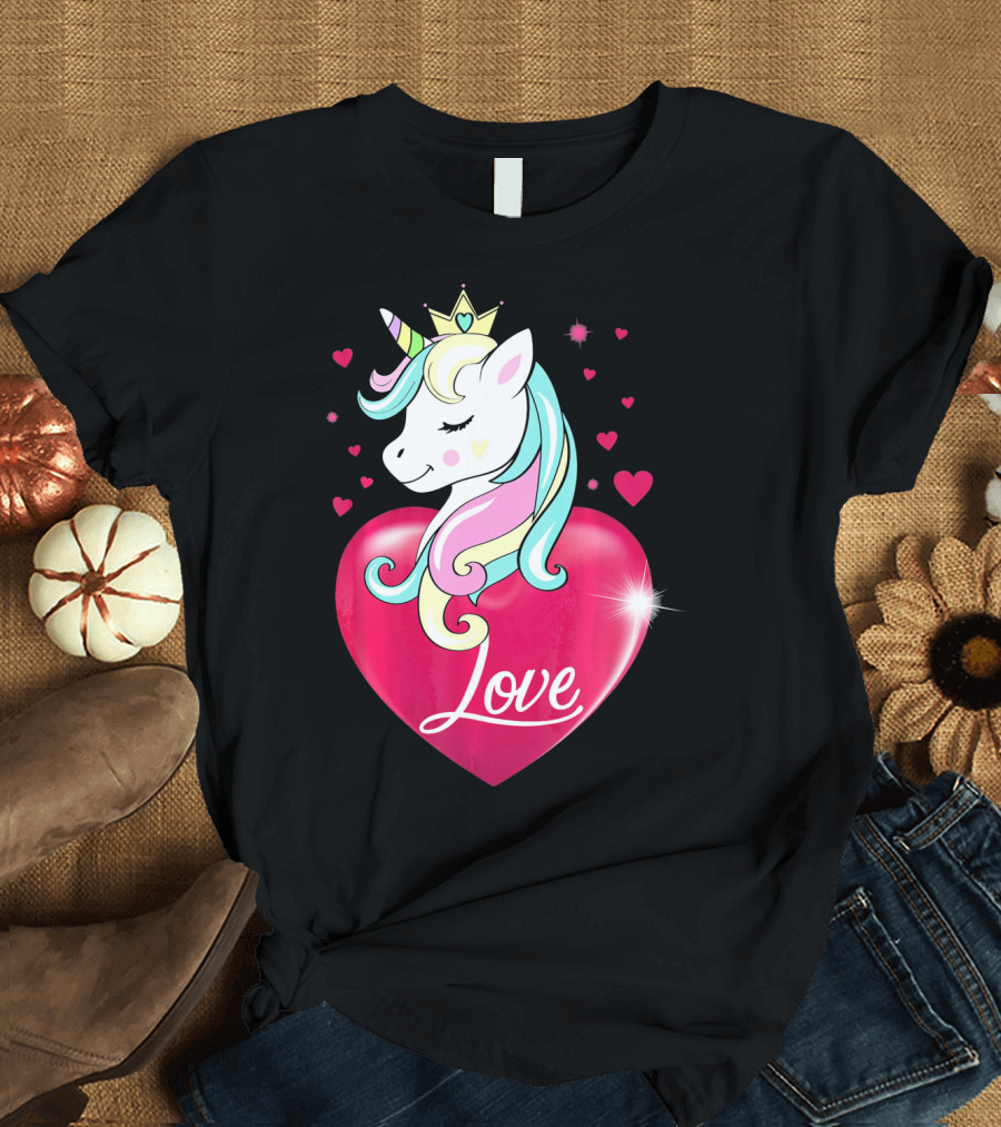 Love Heart Unicorn with Crown and Hearts Valentine's Day T-Shirt