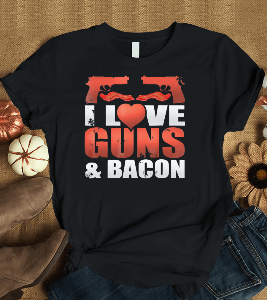 I Love Guns and Bacon Heart Symbol Pistols T-Shirt