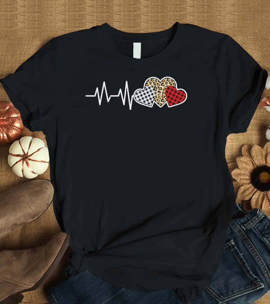 Heartbeat Three Patterned Hearts Leopard Buffalo Plaid T-Shirt