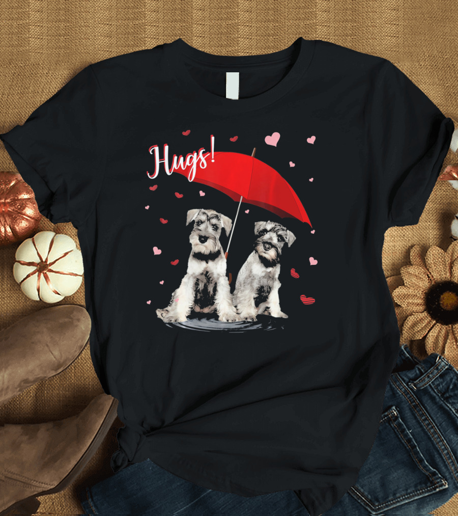 Hugs Schnauzers Under Red Umbrella with Hearts T-Shirt