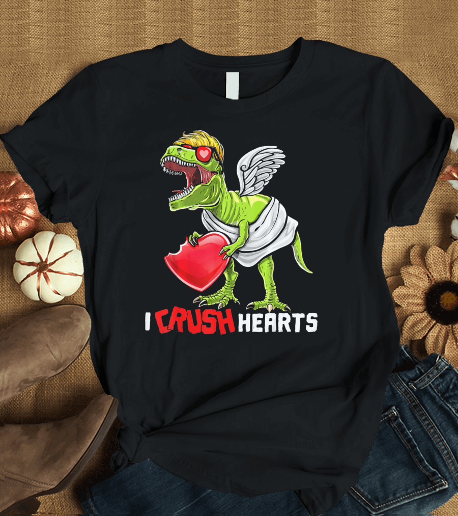 I Crush Hearts Valentine Day T-Rex with Wings and Heart T-Shirt