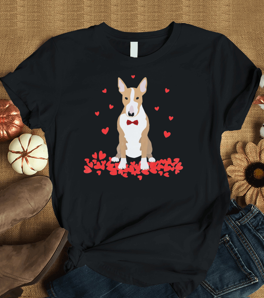 I Love My Bull Terrier Valentine Surrounded by Hearts and Red Bow Tie T-Shirt