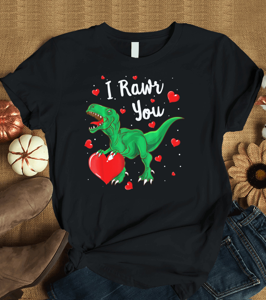 I Rawr You Dinosaur Valentine Green T-Rex with Red Hearts T-Shirt
