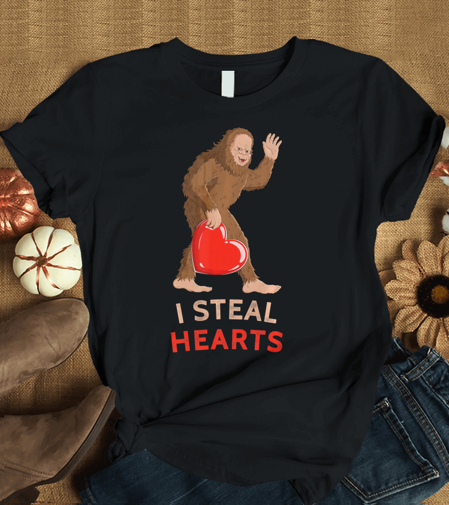 I Steal Hearts Bigfoot Valentine's Day Funny Sasquatch Image T-Shirt