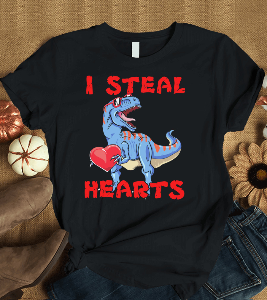 I Steal Hearts Dinosaur Valentines Red Heart Sunglasses T-Shirt