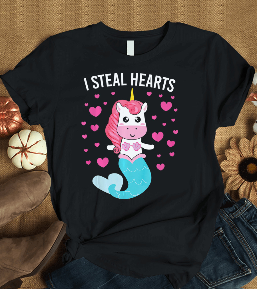 I Steal Hearts Cute Mermaid Unicorn Valentine Hearts T-Shirt