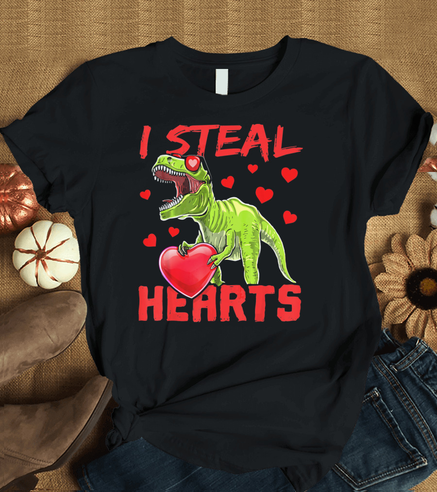 I Steal Hearts Valentines Day Rex Dino Holding Heart Surrounded by Hearts T-Shirt