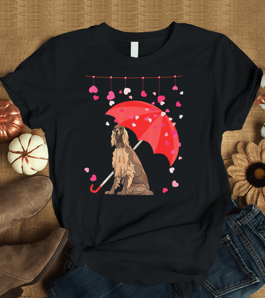 Irish Setter with Red Umbrella and Falling Hearts Valentine T-Shirt