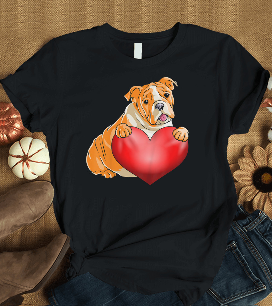 Kids Valentines Day Bulldog Heart Dog T-Shirt