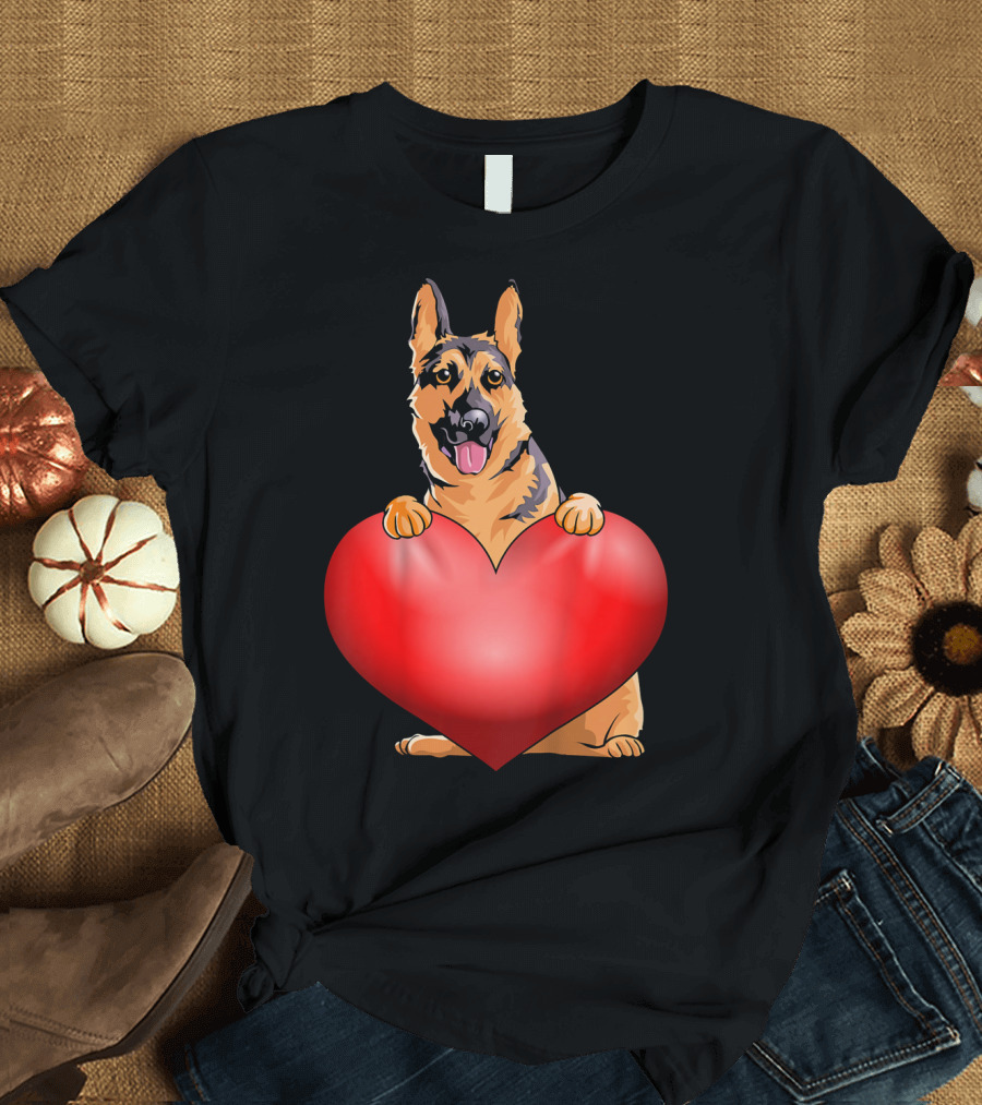 Kids Valentines Day German Shepherd Holding Heart T-Shirt