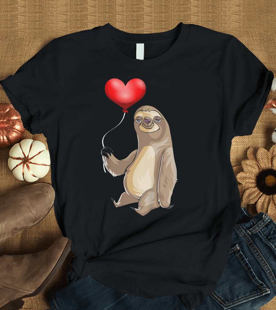 Kids Valentines Day Sloth Holding Heart Balloon T-Shirt
