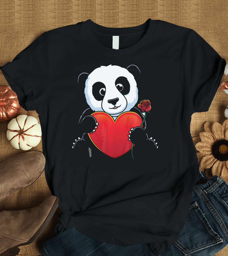 Panda Bear Holding Heart and Rose Valentines Day Love T-Shirt
