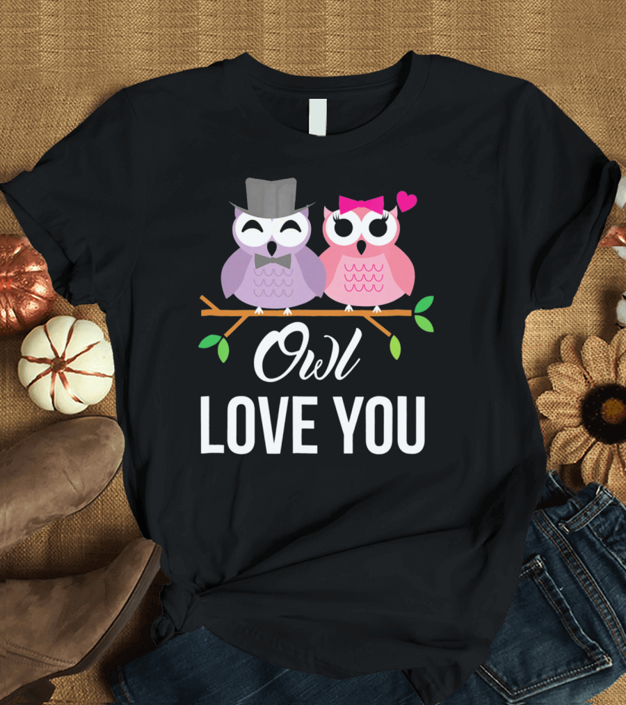 Owl Love You Valentines Pink and Purple Owls with Hats and Heart T-Shirt