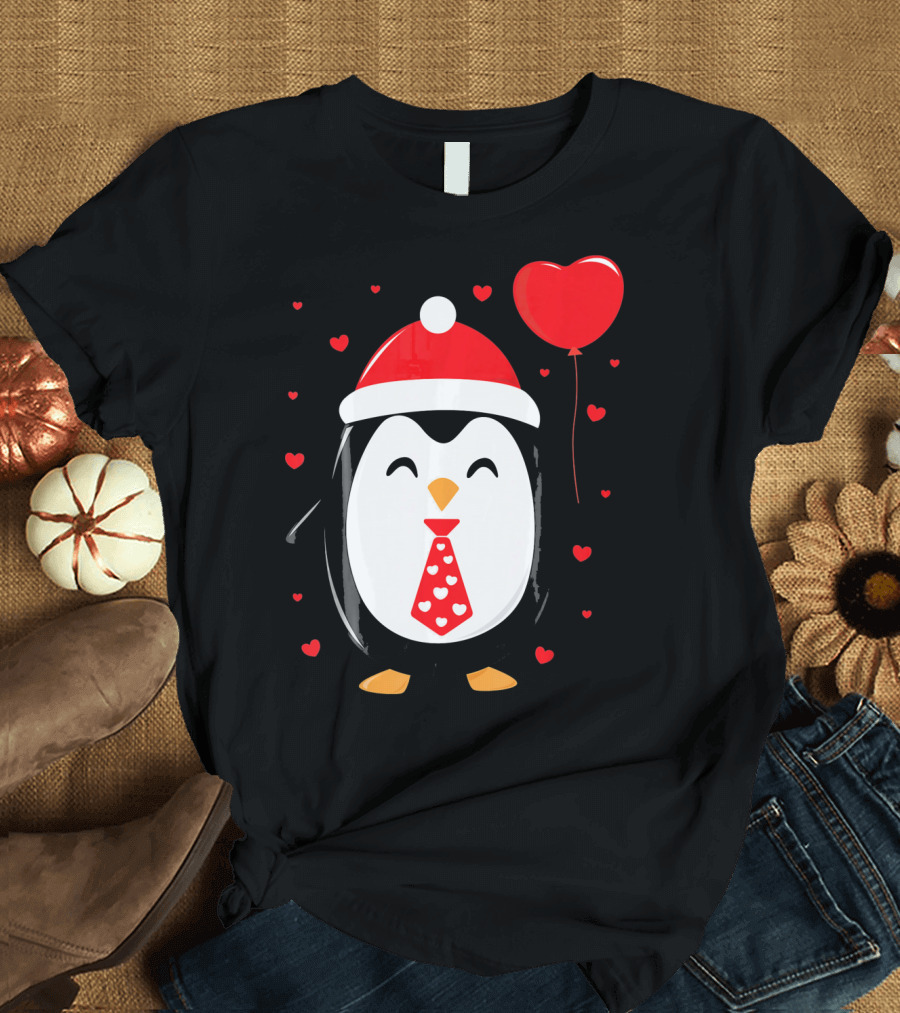 Penguin Valentines Day Heart Balloon Santa Hat and Hearts T-Shirt