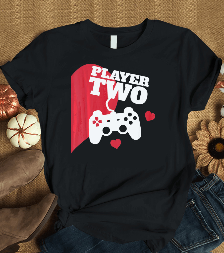 Player Two Valentine with Game Controller and Hearts T-Shirt