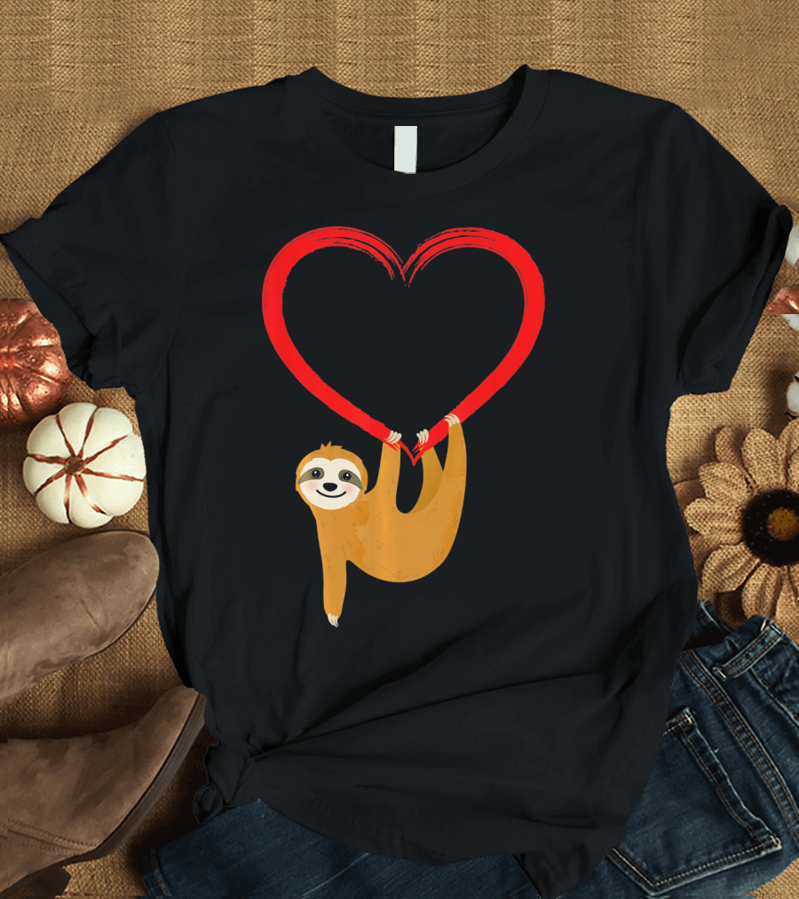 Valentines Day Sloth Hanging on Heart T-Shirt