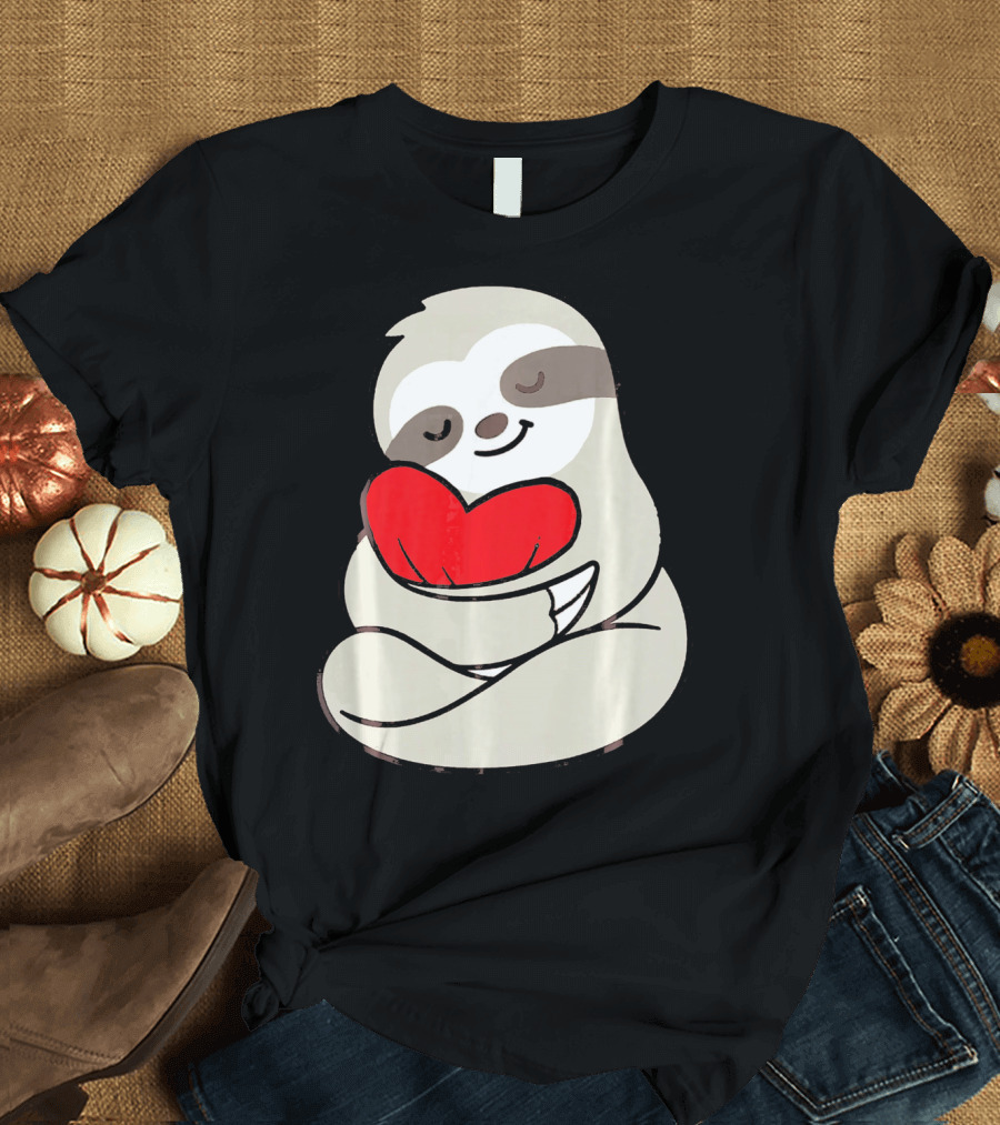 Sloth Hugging Heart Love Valentines T-Shirt