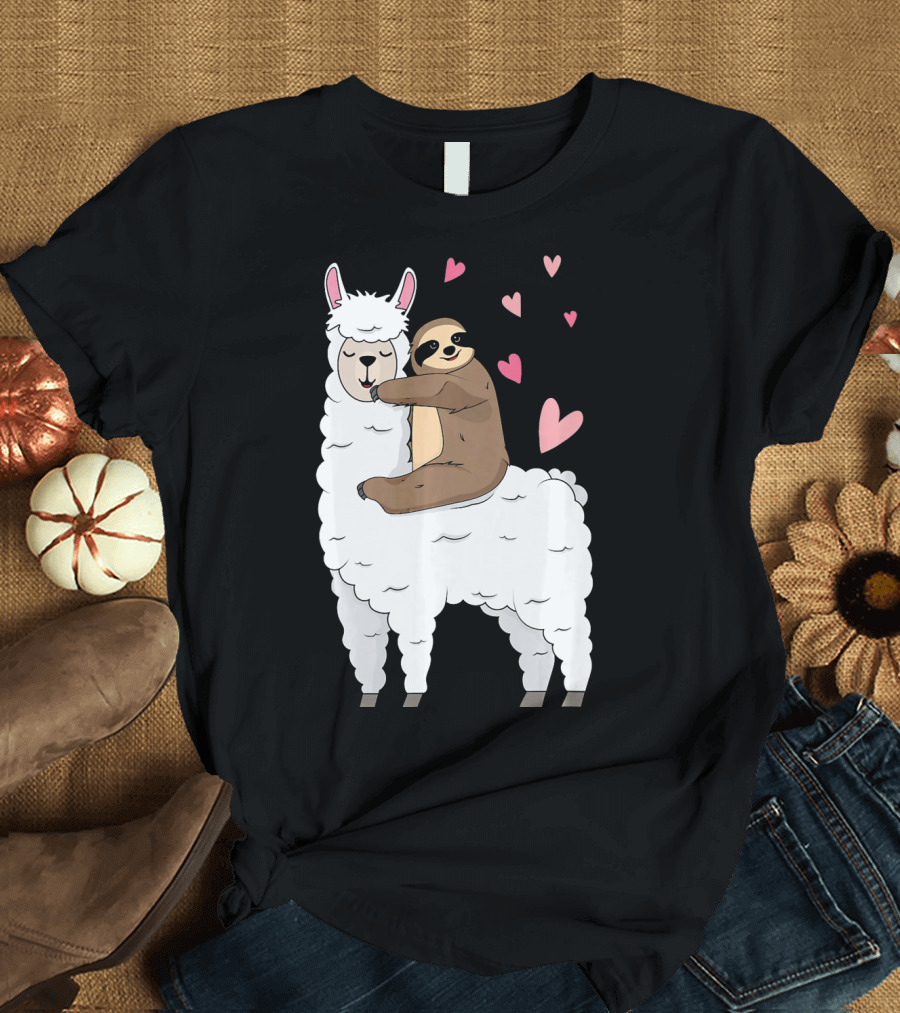 Sloth Riding Llama Cute Hearts Valentines Day T-Shirt