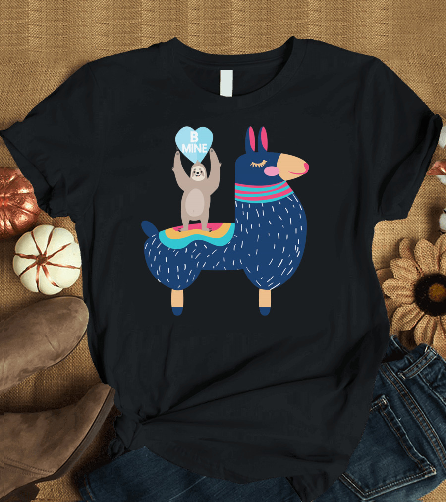 Sloth Holding Heart on Llama Be Mine T-Shirt