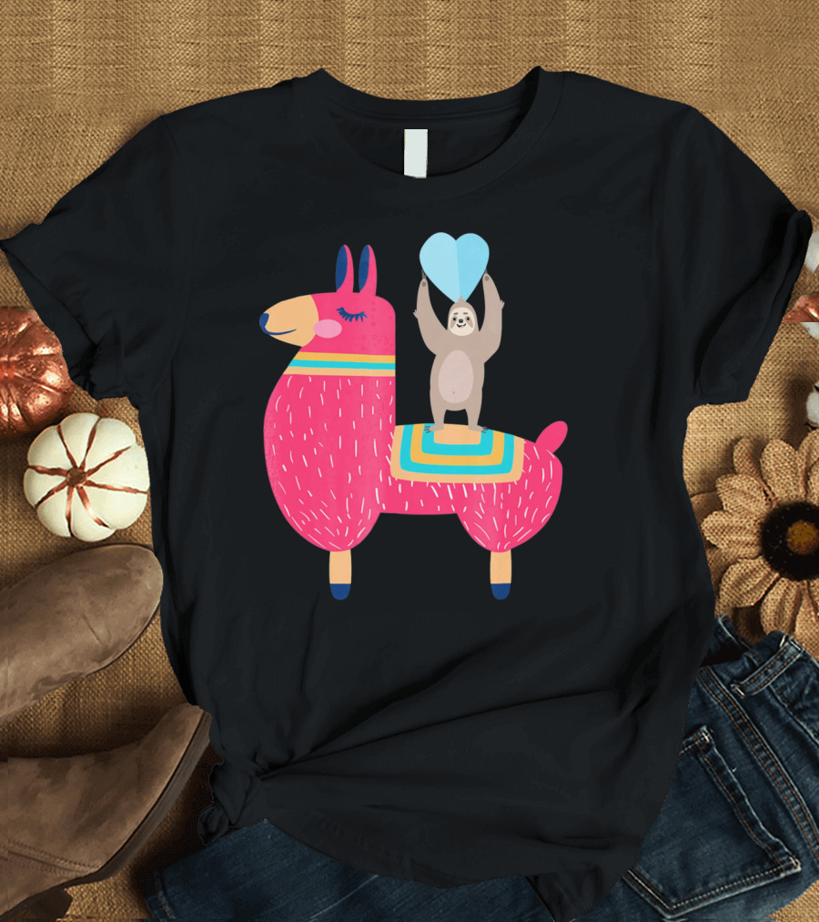 Sloth Riding Llama with Heart Balloon T-Shirt
