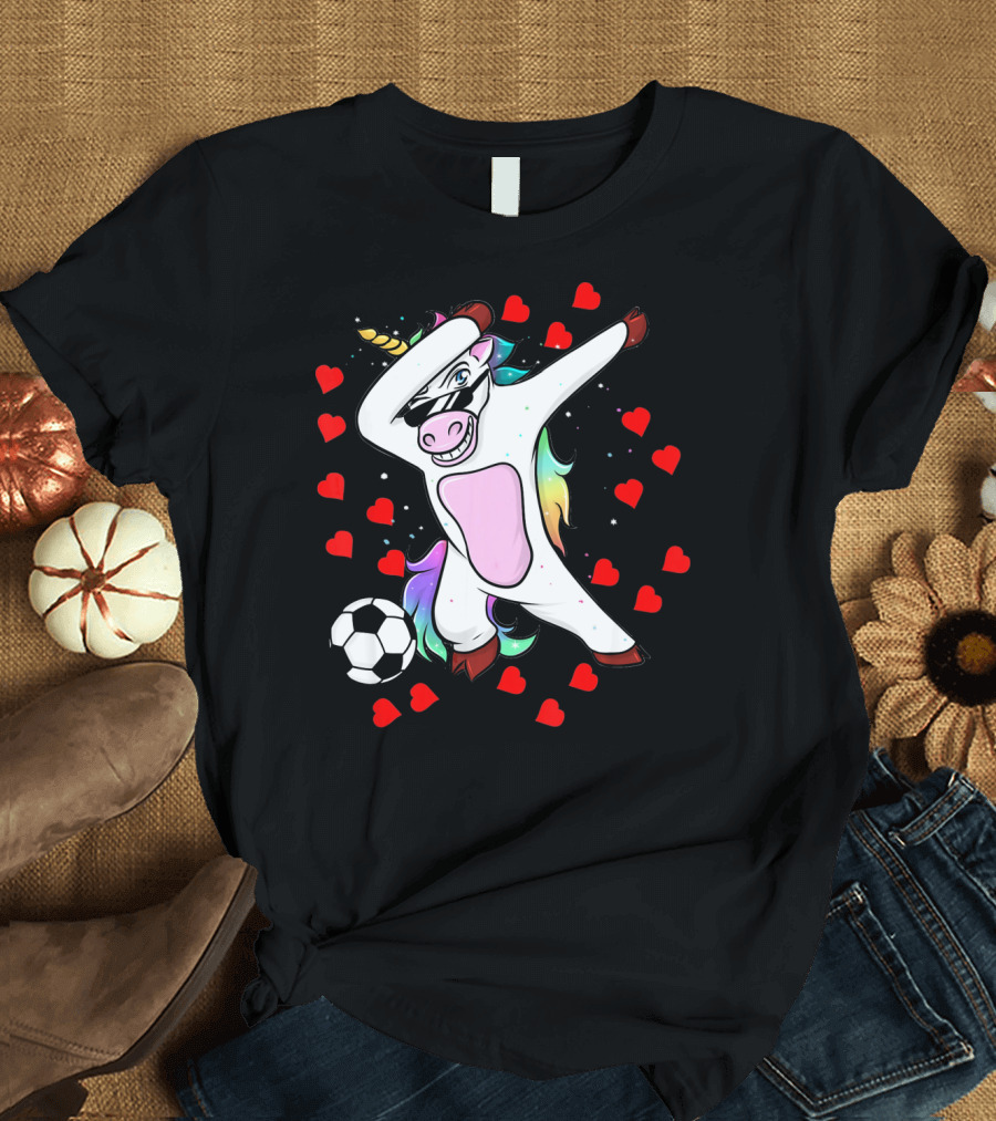 Soccer Is My Valentine Unicorn Dabbing Surrounded by Hearts T-Shirt