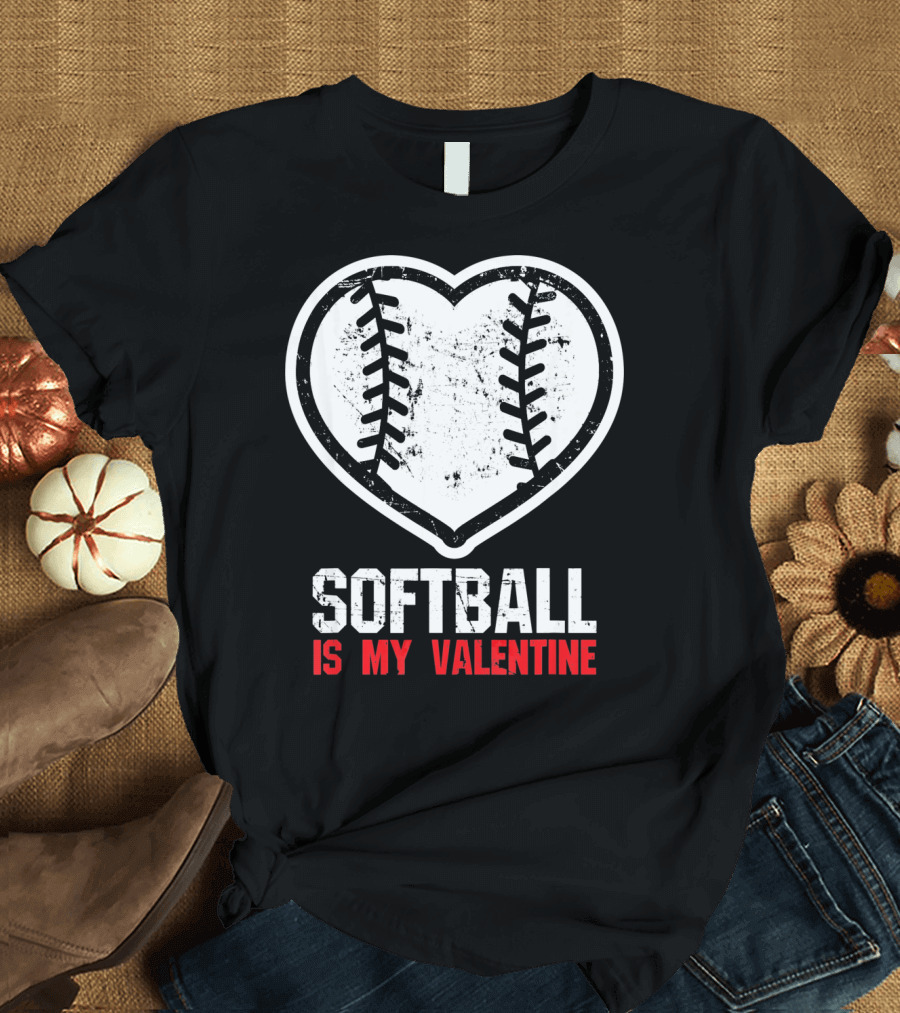 Softball Is My Valentine Heartball Stitching T-Shirt