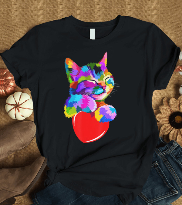 T-Shirt: This Valentines My Cat Holds My Heart Colorful Kitten with Red Heart T-Shirt This Valentines My Cat Holds My Heart Colorful Kitten with Red Heart T-Shirt