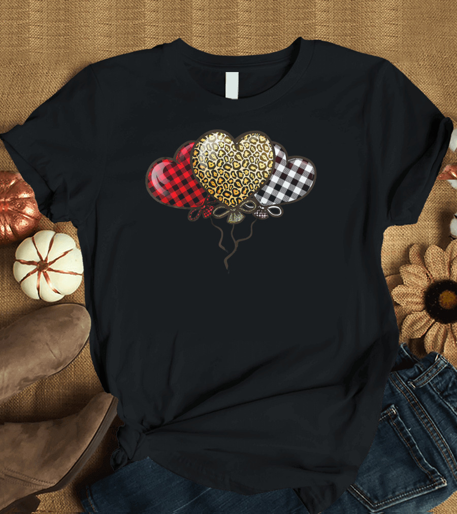 Three Balloons Hearts Buffalo Plaid Leopard T-Shirt