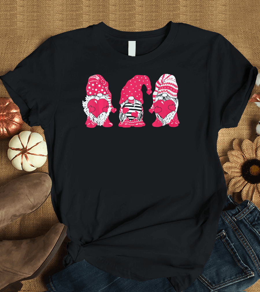 Three Pink Gnomes Holding Love Hearts Valentine T-Shirt